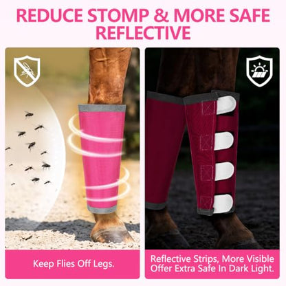 Fly Boots for Horses Set of 4 with Reflective Vercros, Loose Fitting Mesh Horse Fly Boots Leggings, Adjustable Equine Leg Wraps & Socks, Stay Up Not Sag, No Rub - color: Pink