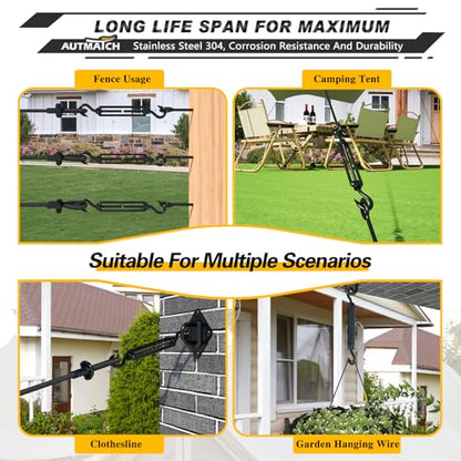 AUTMATCH M5 Hook&Hook Turnbuckle - 304 Stainless Steel Wire Rope Tensioner | Adjustable Turnbuckle for Cable Railing, Fence & Shade Sail Hardware, Wire Rope Tension Kit, 6-Pack, Black - color: Black Tone - Hook & Hook, size: M5