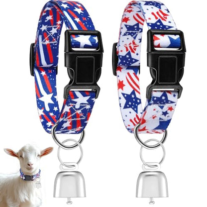 2 Pack Patriotic Goat Collars with Bells, Red White Blue Pattern for Lambs - style: Independence Day