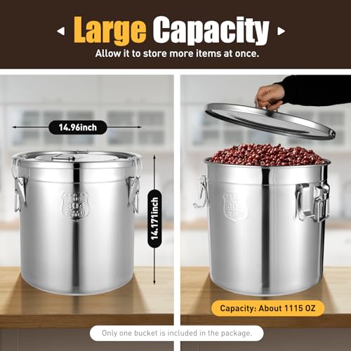 304 Stainless Steel Airtight Container 33L Large Metal Storage Bucket with Lid, Rice Dispenser 50 Lbs Capacity Dog Food Storage Container 60 Pound Leak-Proof Milk Can for Kitchen Pantry & Pet Food