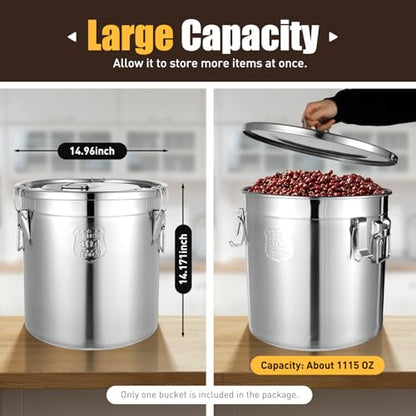 304 Stainless Steel Airtight Container 33L Large Metal Storage Bucket with Lid, Rice Dispenser 50 Lbs Capacity Dog Food Storage Container 60 Pound Leak-Proof Milk Can for Kitchen Pantry & Pet Food