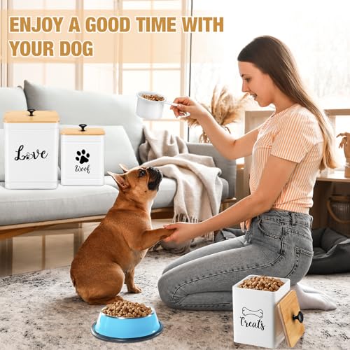 Jingmore Metal Dog Treat Containers Set of 3 with Bamboo Lids and Spoon Airtight 7+3+2 lbs Dog Food Snack Jars with DIY Labels Big Pet Cookie Storage Jar for Kitchen Counter(White,Modern) - color: White, style: Modern