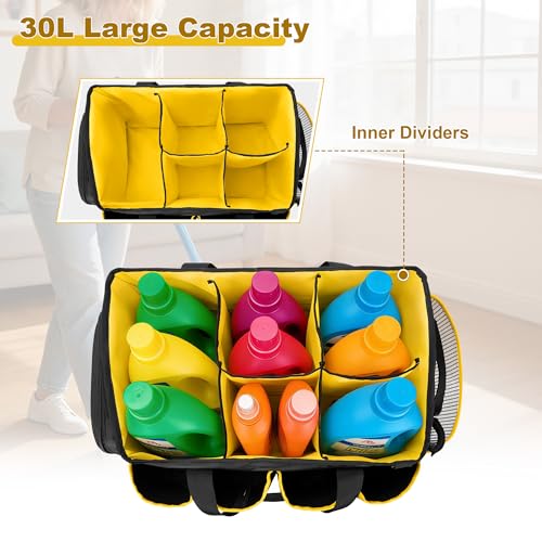 PGmoon Extra-Large Cleaning Caddy Organizer Bag with Handle | Cleaning Supply Tote Bag Built-in Support Boards for Car, Home, Housekeeping Work, Kitchen Cleaning Supplies