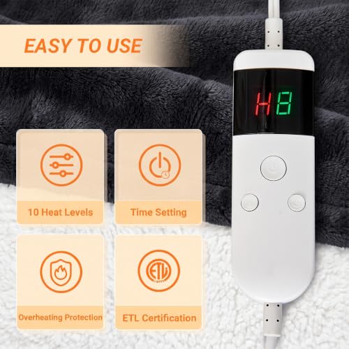 Heated Blanket Electric Throw, 50"x60" Soft Flannel Heating Blanket with 8 Hours Auto Off 10 Fast Heating Levels Machine Washable Sherpa Heated Throw Blanket with Overheating Protection - color: Black, size: Throw(50" x 60")