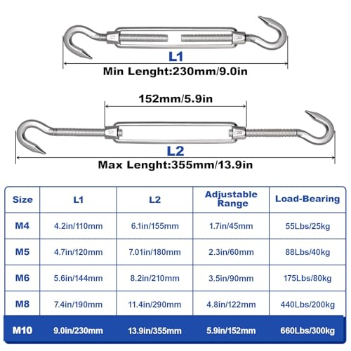 TooTaci 10PCS M10 Turnbuckle, 304 Stainless Steel Turnbuckle Hook and Hook | Turnbuckle Wire Tensioner, 660 lb Heavy Duty Adjustable Turnbuckles for Cables Wire, Cable Tightener, Trampoline, Tent, Tarps - size: M10 CC-10Pcs