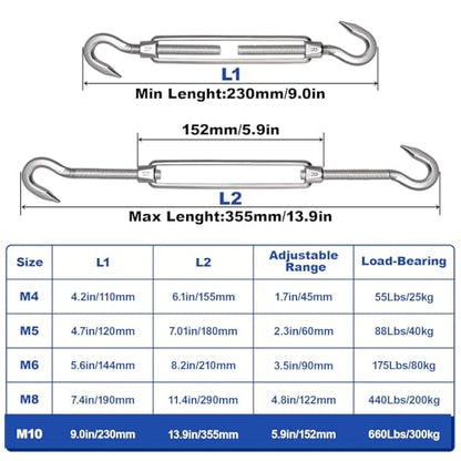TooTaci 10PCS M10 Turnbuckle, 304 Stainless Steel Turnbuckle Hook and Hook | Turnbuckle Wire Tensioner, 660 lb Heavy Duty Adjustable Turnbuckles for Cables Wire, Cable Tightener, Trampoline, Tent, Tarps - size: M10 CC-10Pcs