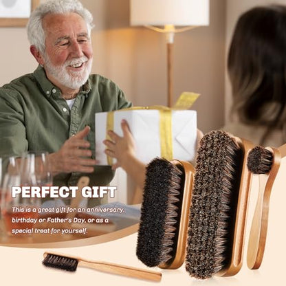 4 Pcs Horsehair Shine Shoes Brush Kit Polish Dauber Applicators Cleaning Leather Shoes Boots Care Brushes Suede Cleaner Brush with Microfiber Shoe Cloth(Wooden Style A) - style: Wooden Style A