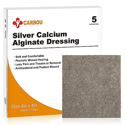 Carbou Silver Calcium Alginate Wound Dressing with Ag, 4"x4" Pads, 5 Pcses - size: Silver 4x4 In(Pack of 5)