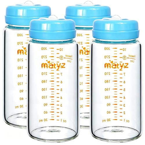 Matyz Glass Breastmilk Storage Set, 4 Pack 10oz, Compatible with Spectra Medela Philips Avent Pumps, Wide-Mouth Leakproof Containers for Freezing & Feeding, BPA-Free (Blue Lids) - color: [4 Pack] Blue Lids - 10 Ounce Borosilicate GLASS Bottle