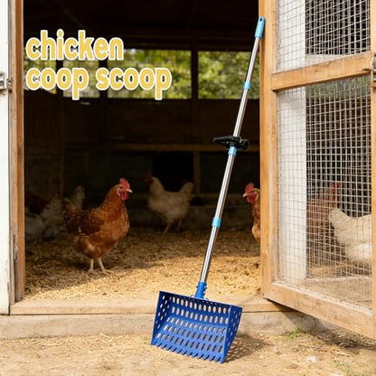XCL Chicken Poop Scooper & Rake 2-in-1, Large 20 inch Metal Chicken Poop Scooper Head, with Adjustable Handle(39-67inch), Sifting Shovel for Sand and Bedding, Chicken Coops Cleaning Tools (Blue) - color: Blue