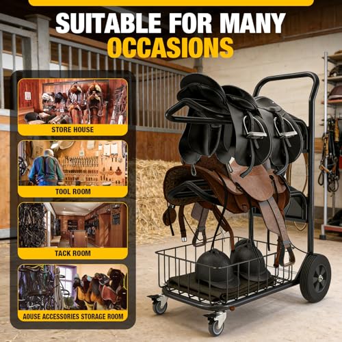Heavy Duty Rolling Saddle Rack Cart with Basket | Foldable Horse Tack Dolly, for Western & English Saddles, Bridles, Helmets, Horse Gear Storage, Show Cart for Easy Transport