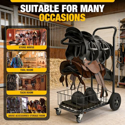 Heavy Duty Rolling Saddle Rack Cart with Basket | Foldable Horse Tack Dolly, for Western & English Saddles, Bridles, Helmets, Horse Gear Storage, Show Cart for Easy Transport
