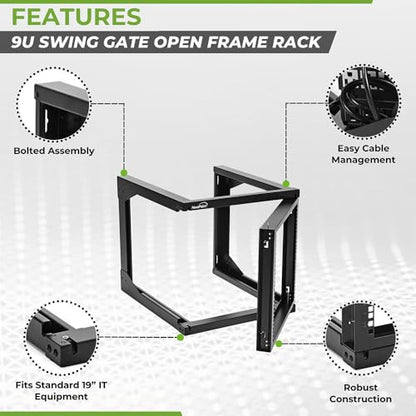NavePoint 9U Server Rack with Swing Gate - Wall Mount Rack for 19 Inch IT & AV Equipment - 24' Deep, Black - size: 9U - 24in Deep