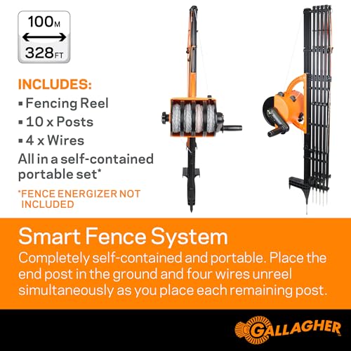 Gallagher Smart Fence 2 Portable Electric Fence for Livestock | 328ft of 4-Strand Electric Fencing, Built-In Posts and Reels, Quick Install Temporary Field Fencing