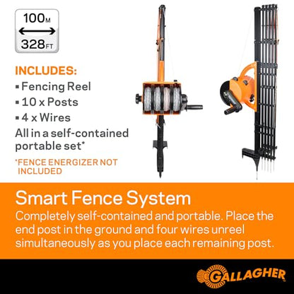 Gallagher Smart Fence 2 Portable Electric Fence for Livestock | 328ft of 4-Strand Electric Fencing, Built-In Posts and Reels, Quick Install Temporary Field Fencing