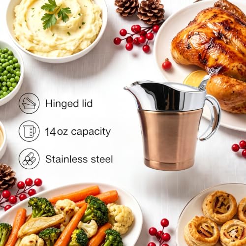 Double Insulated Gravy Boat - Stainless Steel Sauce Jug with Hinged Lid Hinged Lid Ideal for Gravy or Cream at Thanksgiving (450ML/16 OZ Rose gold) - color: 450ML/16 OZ Rose gold