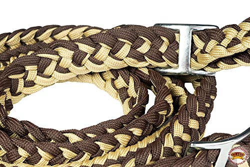HILASON 1" X 8Ft Braided Poly Barrel Reins Horse Racing Flat Grip Knots - color: Brown Tan