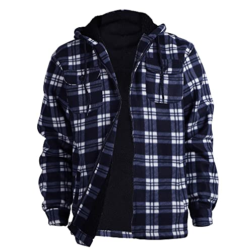Facitisu Winter Heavy Warm Sherpa Lined Fleece Plaid Flannel Jacket Men Plus Size S-5XL Big&Tall Mens Coat - color: A-navy 01, size: Large