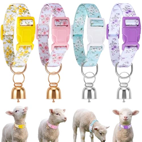 4 Pack Goat Collars with Bells Set, Adjustable Floral Pattern Nylon Sheep Collar, Loud Metal Grazing Bell, Quick Release Buckle for Lambs, Small Farm Animals, Herd ID, Pasture Tracking - style: Flower