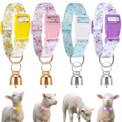 4 Pack Goat Collars with Bells Set, Adjustable Floral Pattern Nylon Sheep Collar, Loud Metal Grazing Bell, Quick Release Buckle for Lambs, Small Farm Animals, Herd ID, Pasture Tracking - style: Flower