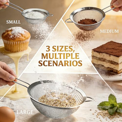 Anaeat Fine Mesh Strainers - Premium Stainless Steel Colander Sieve Sifters, with Durable Mesh and Sturdy Handle, Excellent for Sifting Dry ingredients, Flour, Pastas, Rice, Tea (3.15"+5.5"+7.87") - color: 3.15" + 5.5" + 7.87" Diameter (Set of 3)