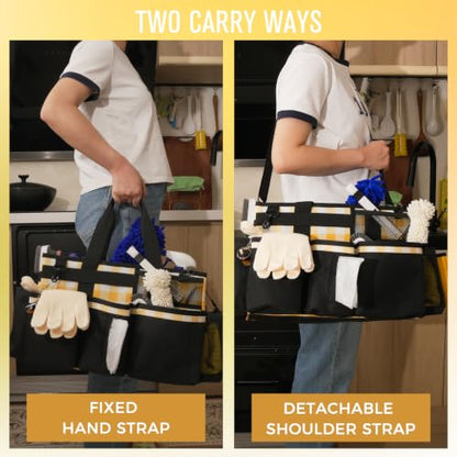 SCAVATA Wearable Cleaning Caddy, Cleaning Caddy Supplies Organizer with Handle & Shoulder Straps for Housekeepers, Under Sink & Car Cleaning Tool Organizers Bag with 4 Foldable Divider (YellowPlaid) - color: YellowPlaid
