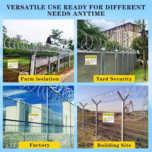 296 FT Razor Wire, 6 Rolls, Concertina Fencing with Warning Sign - size: 296FT, style: 6 Rolls