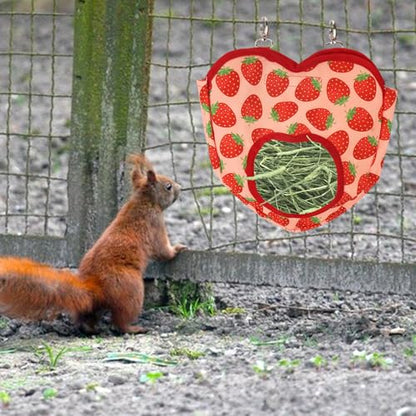 Estivaux Rabbit Hay Feeder Bag Strawberry Guinea Pig Hanging Hay Feeding Bag with Hole Pet Storage Dispenser for Chinchilla Hamster Bunny Small Pet Animals - color: Strawberry