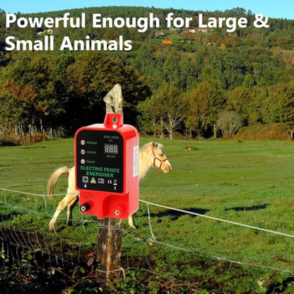 10KM Electric Fence Charger, 2J Waterproof Electric Fence Energizer with LED Display for Livestock Cattle Horse Protection, Alarm Function，AC/Battery Powered