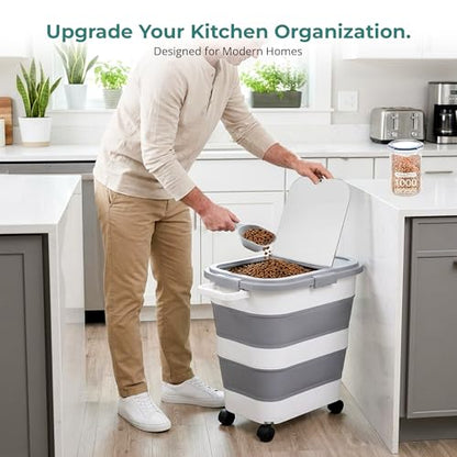 Collapsible Rice Storage Container 25–35 lbs, Airtight, Space-Saving Food Storage Bin with Wheels and Measuring Cup, Easy-Pour Grain Dispenser for Rice, Flour and Pet Food