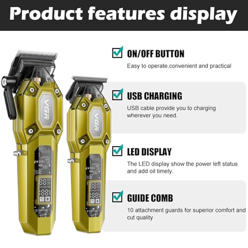 VGR 600&900 Cordless Barber Clipper Trimmer Set with LED Display, Gold - color: Gold