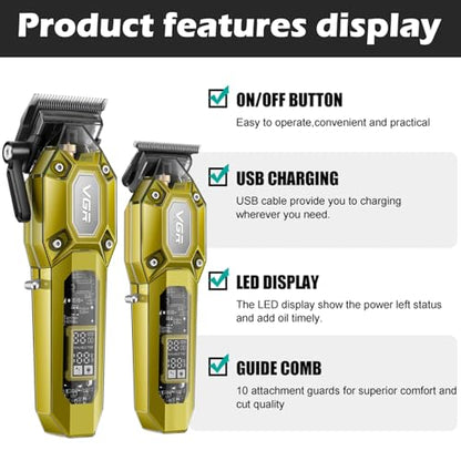 VGR 600&900 Cordless Barber Clipper Trimmer Set with LED Display, Gold - color: Gold
