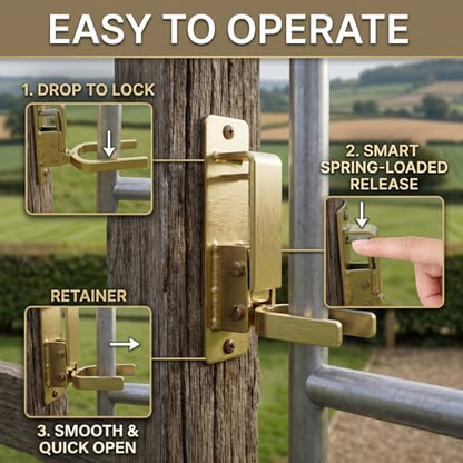 Instant Locking Farm Gate Latch, Heavy Duty Rust-Resistant Steel, One-Hand Operation Safety Catch for Wood, Metal and Pipe Gates, Ideal for Ranch & Backyard