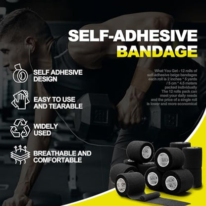 OK TAPE 12 Rolls Self Adhesive Bandage Wrap, Cohesive Elastic Athletic Tape - color: Black, size: 2 Inch