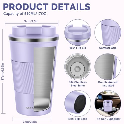 MOMSIV 17oz Travel Coffee Mug, Insulated Coffee Cup with Leakproof Lid - color: B-Purple Taro-17oz