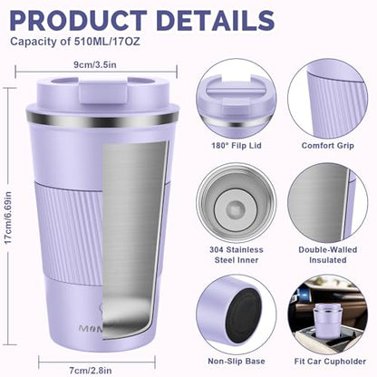 MOMSIV 17oz Travel Coffee Mug, Insulated Coffee Cup with Leakproof Lid - color: B-Purple Taro-17oz