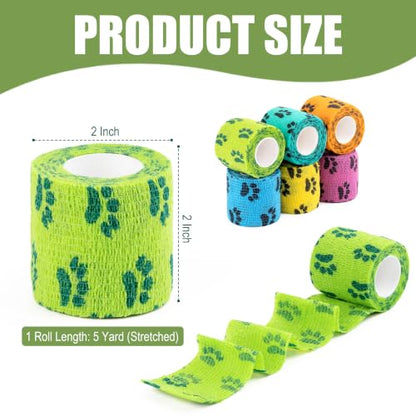 Vet Wrap Cohesive Bandages, Self-Adhesive Bandage Wrap, Breathable Non-Woven Self Adherent Tape for Pet Dog Leg Paw Wound, Horse, Cat, First Aid & Ankle Sprain, 2 Inch (6 Rolls) - color: Paw Prints