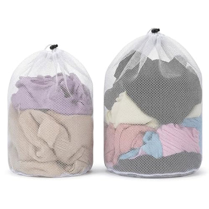 2Pcs Mesh Laundry Bags, White Travel Small Laundry Sock Bag, Machine Washable Drawstring Mesh Bags, Sock Bag for Home Dorm Hotel Travel Use(12×16Inch, 16×20Inch)