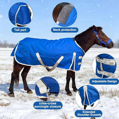 Miniature Horse Pony Horse Blanket, 1200D Winter Turnout Blanket for Pony Breeds/Tiny Horse/Small Breed Horse/Foal,Donkey Blanket Medium Weight with 220g Polyester Liner(51inch, Blue) - size: 100cm-51inch