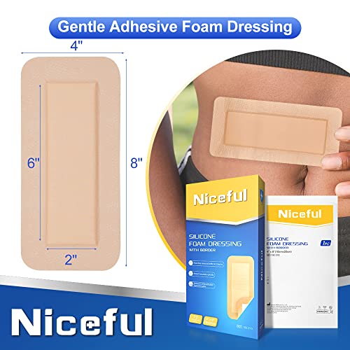 Silicone Foam Dressing 4"x8"(10 Count) | Large Bandages for Wound Care/Bed Sores/Post-Surgery - size: 4"x8" (10PCS)