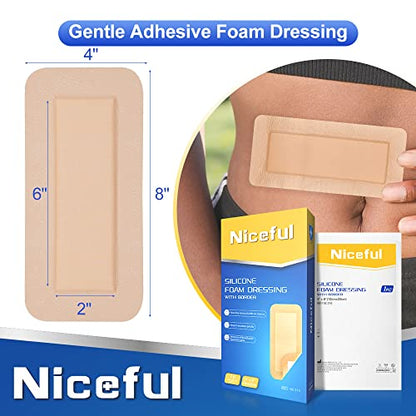 Silicone Foam Dressing 4"x8"(10 Count) | Large Bandages for Wound Care/Bed Sores/Post-Surgery - size: 4"x8" (10PCS)