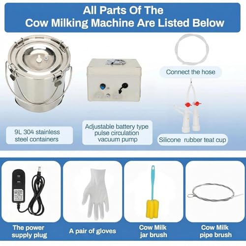 9L Goat Milking Machine, Rechargeable Battery Adjustable Pulse Vacuum Electric Goat Milking Machine,Portable Milking Machine,Individual Pulsation Adjustment, Udder Protection - size: 9L Goat