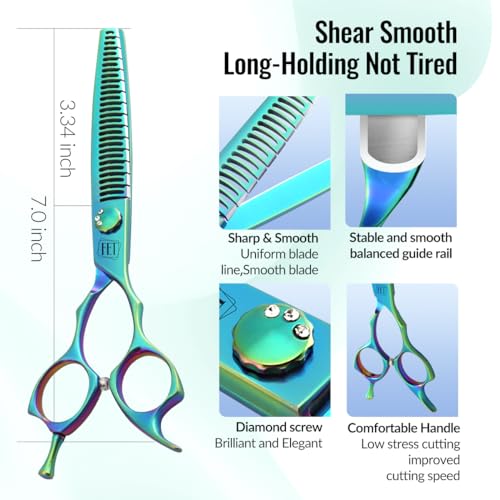 Dog Grooming Scissors: 7" Straight Pet Shears Skeletonized blade Made Of Japanese 440C for Trimming Dogs Cats and Other Pets Green (Chunker G, 7") - style: Chunker