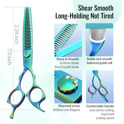 Dog Grooming Scissors: 7" Straight Pet Shears Skeletonized blade Made Of Japanese 440C for Trimming Dogs Cats and Other Pets Green (Chunker G, 7") - style: Chunker