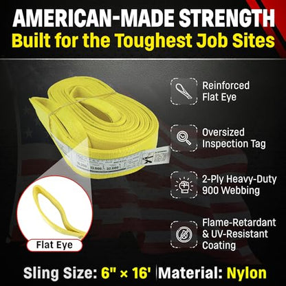 DD Sling 6 Inch x 16 Foot Nylon Lifting Sling – USA Made, 16,300 lb Vertical, 13,000 lb Choker, 32,600 lb Basket – 2-Ply Heavy Duty 900 Webbing, Type 3 Flat Eye & Eye Rigging Sling - size: 6" x 16'