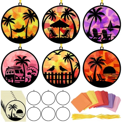 AmazingSpark 30 Pcs Palm Tree Craft Suncatchers DIY Hawaiian Luau Decor | 6 Tropical Designs with Tissue Paper, Stained Glass Effect, Bulk Arts and Crafts for Kids Groups, Beach Theme Decor - style: Summer Beach
