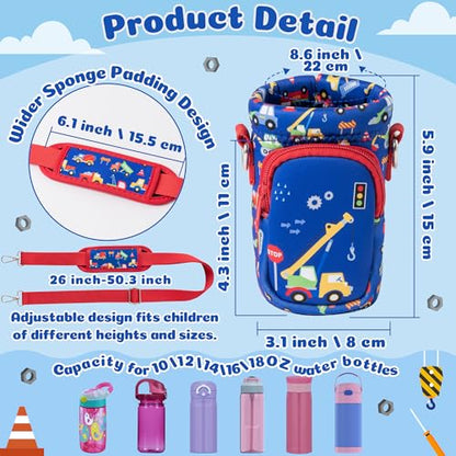 Water Bottle Carrier Bag with Strap for Kids - Water Bottle Bag Holder with Padded Strap Pocket 10/12/14/16/18Oz for Boys Girls School Walking Hiking Camping - style: Cartoon Car