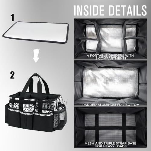 SCAVATA Wearable Cleaning Caddy, Cleaning Caddy Supplies Organizer with Handle & Shoulder Straps for Housekeepers, Under Sink & Car Cleaning Tool Organizers Bag with 4 Foldable Divider (ZebraStripe) - color: ZebraStripe