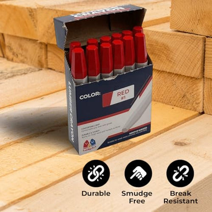 Lumber Crayons – Red, Pack of 12 | Hexagonal Construction Marking Crayons for Wood, Concrete, Asphalt, Metal | Durable, Smudge-Free, Break-Resistant - color: Red