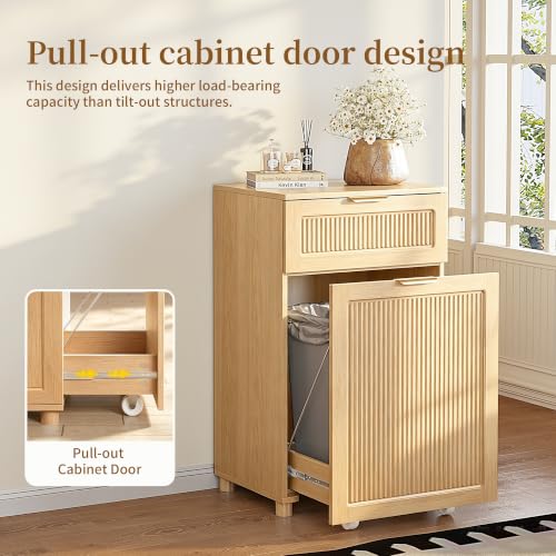 Freestanding Pull Out Trash Can Cabinet with Drawer & Side Hooks,Pet Proof Hidden Waste Bin Storage Cabinet Fits 7 10 13 Gallon Trash Cans for Kitchen Laundry Room Bathroom (Trash Can Cabinet - Oak) - color: Trash Can Cabinet - Oak